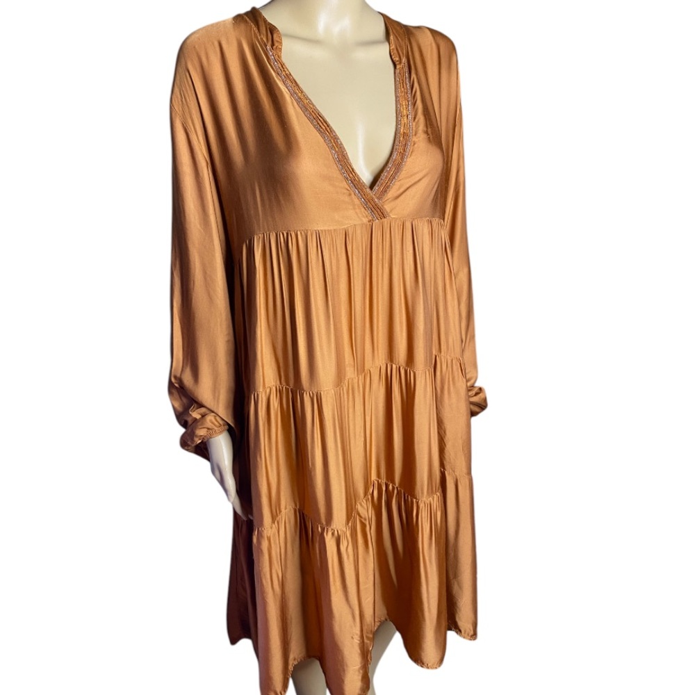 Cecile Wang France Rusty Brown Lace Trim Dress with Empire Waist size O/S